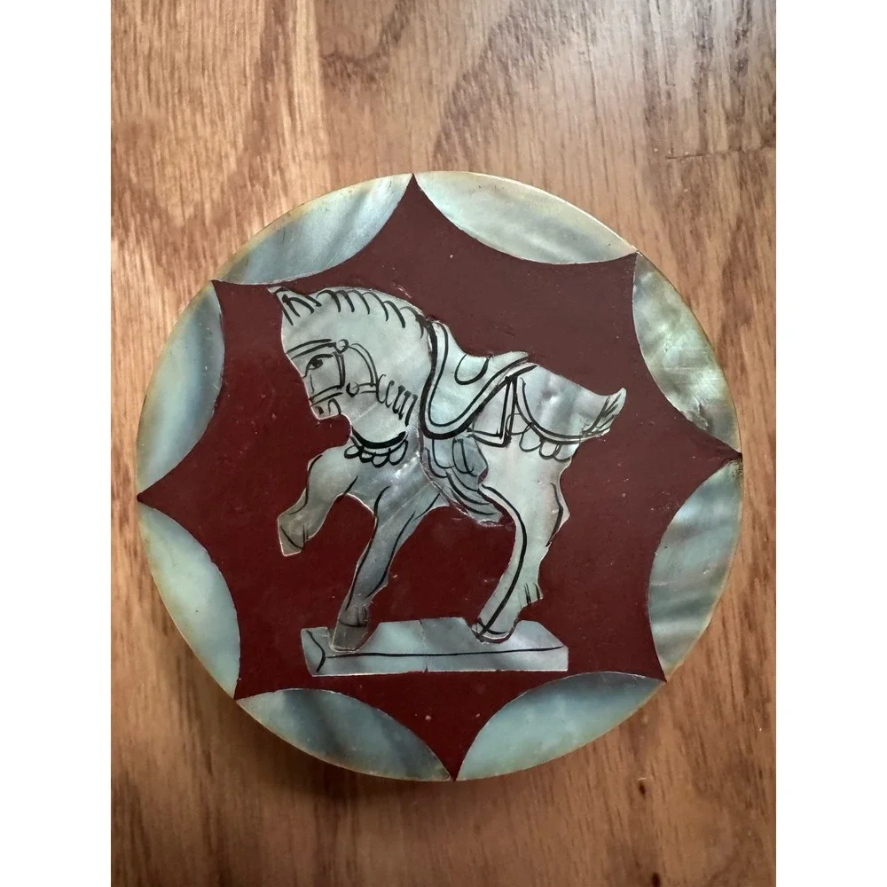 Vintage Korean Mother of Pearl Inlaid Lacquerware Horse Trinket Box